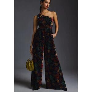 Anthropologie Hutch Velvet One-Shoulder Floral Wide Leg Jumpsuit Size 2